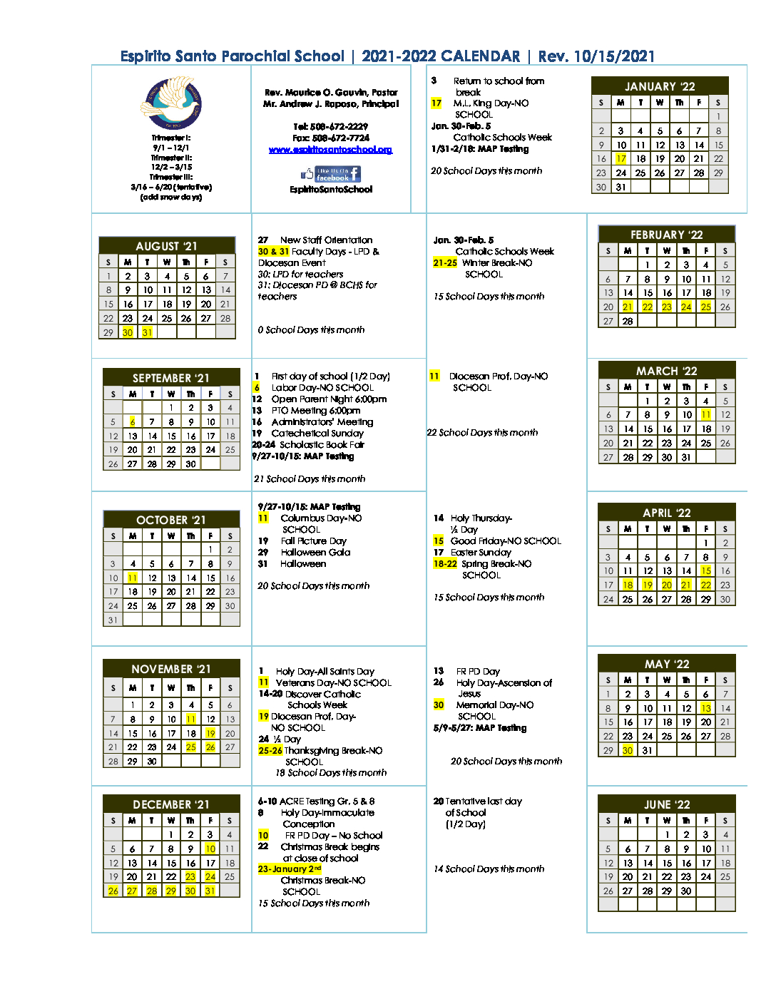 ESS 2021/22 School Calendar (Revised 10/15/21) - Espirito Santo